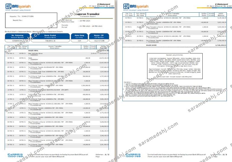 Indonesia BRIsyariah bank statement template, Word and PDF format, 2 pages